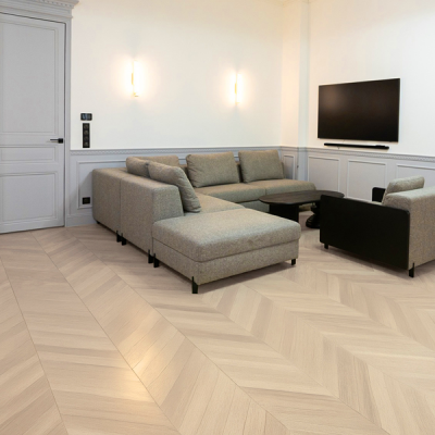 PARQUET CH�NE MASSIF Point de Hongrie - Verni BLANC DE LIN - 600mm longueur